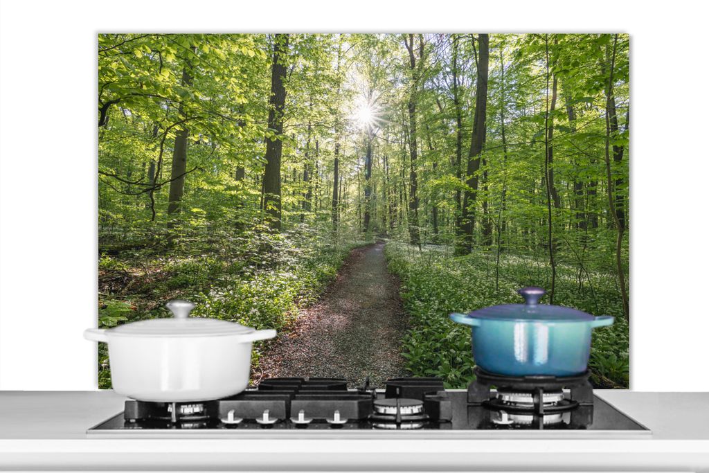 KitchenYeah Spritzschutz Küche - Küchenrückwand - Wandschutz für Herd und Spüle - Buchen mit Waldweg 100x65 - Alu-Dibond (Alternative zum Sp...
