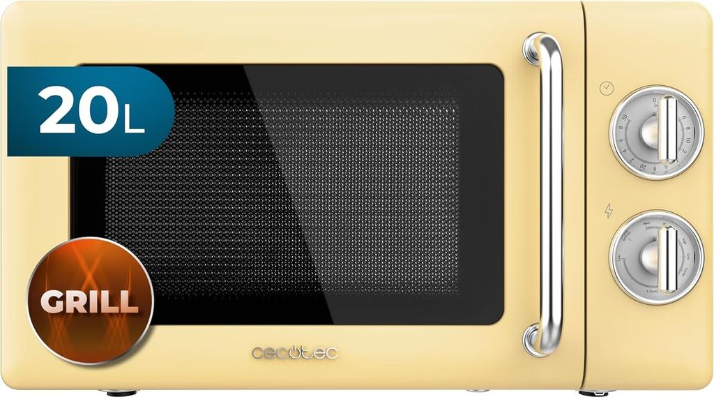 Mikrowelle mit Grill Proclean 3110 Retro Yellow Mechanische, 700 W, 6 Stufen,Timer bis zu 30 Minuten, Auftaumodus,Vintage-Design in Gelb, Stahl-Finish