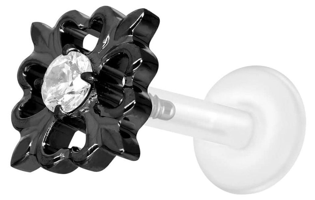 Ohrpiercing, Nasenpiercing PTFE Labret mit Innengewinde + Titan-Aufsatz KLEEBLATT Schwarz Stablänge: 8mm | Stabstärke: 1,2mm