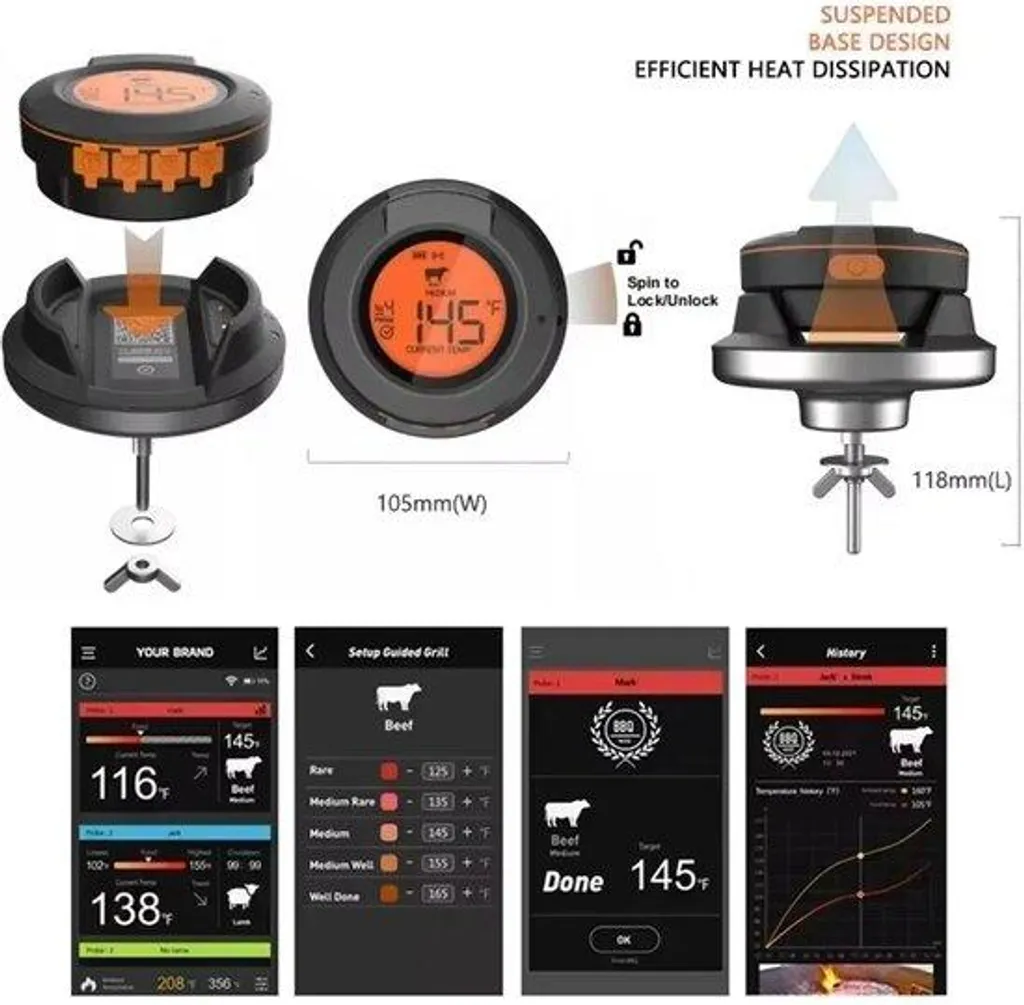 Thermomètre de cuisine numérique Bluetooth pour cuisson barbecue 2 sondes