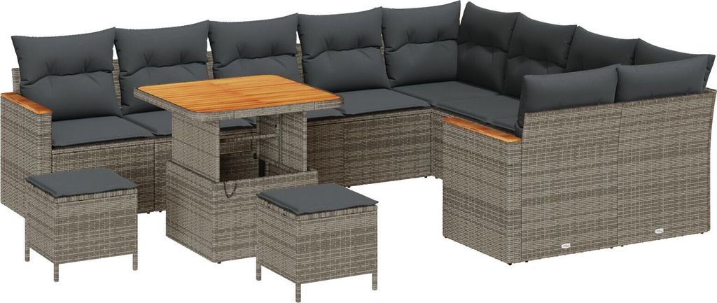 Möbel 12-teiliges Garten Sofa Set mit Kissen Grau Poly Rattan Akazie, 3-teiliges Garten Esstisch Set mit Kissen Grau Poly Rattan Akazie - Gartenso...