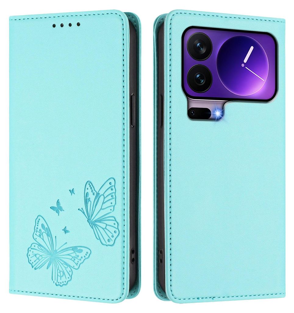 Lederhülle für Xiaomi 17 Pro, Schmetterling Prägung Leder Brieftasche Schutzhülle mit Ständer Türkis