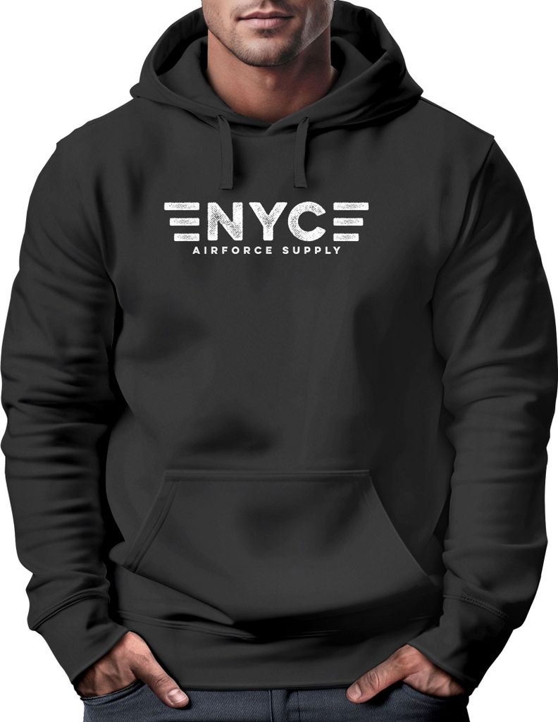 Hoodie Herren Aufdruck NYC New York City Airforce Supply Print Kapuzen-Pullover Männer Fashion Streetstyle Neverless schwarz XS