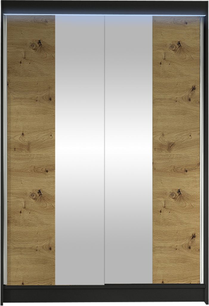 MIRJAN24 Schiebetürenschrank Lino II, mit Spiegel, Kleiderschrank vom Hersteller (Schwarz / Artisan Eiche, mit RGB LED Beleuchtung)