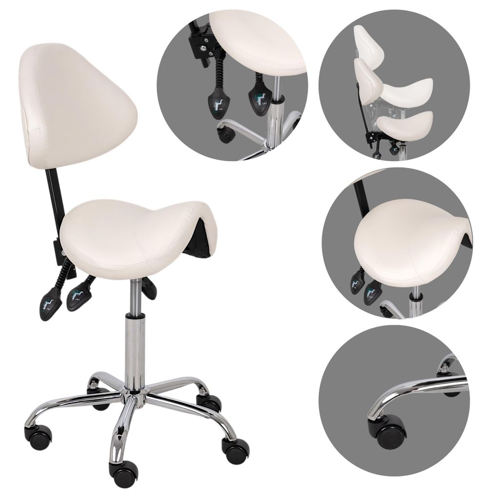 HABYS Ergonomischer Sattelhocker SOLA mit Rückenlehne | Rollhocker Arbeitshocker Praxishocker höhenverstellbar | Stabil, abwaschbar | Weiß