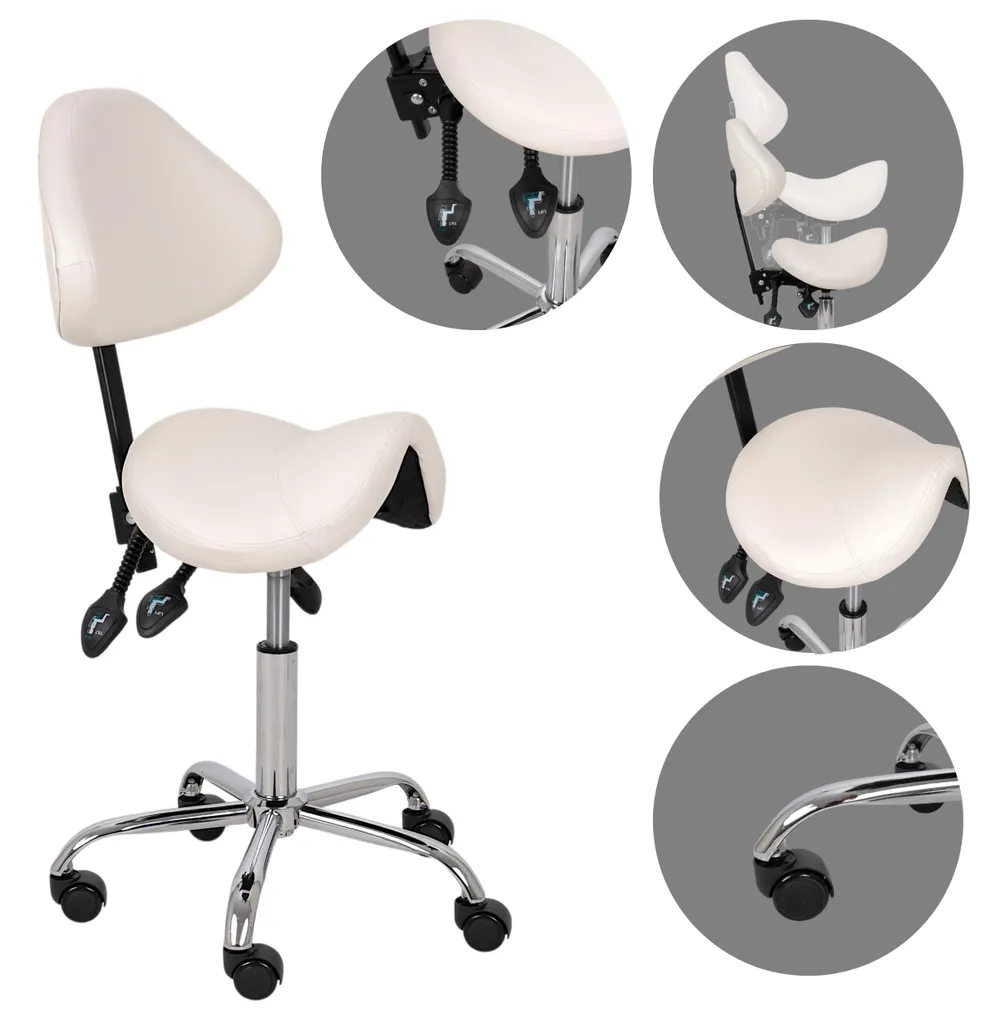 Tabouret à roulettes médical avec dossier ergonomique blanc réglable