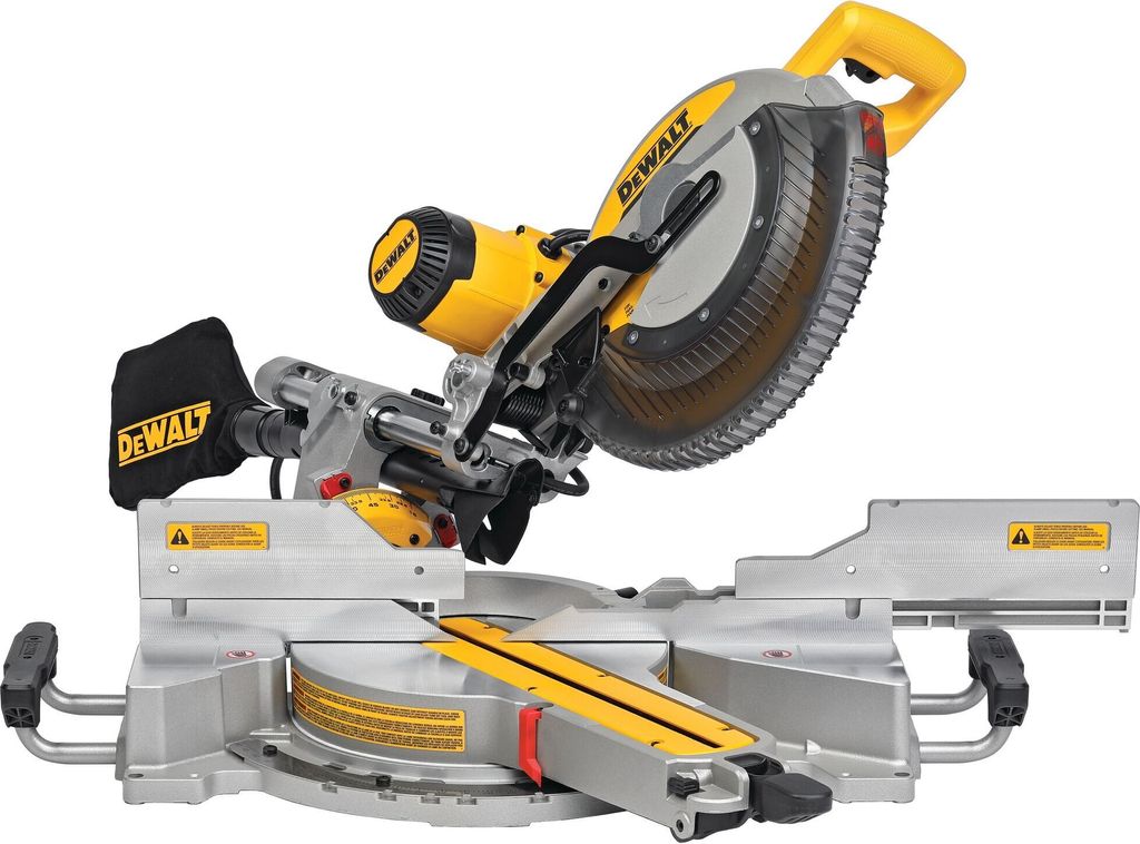 A Dewalt miter saw is shown against a white background.