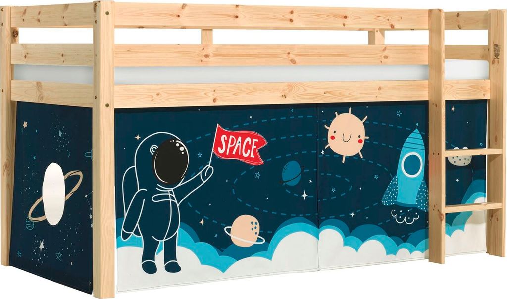 Kinderbett Karolina 210x114x106 Massivholz Natur Textilset Rakete