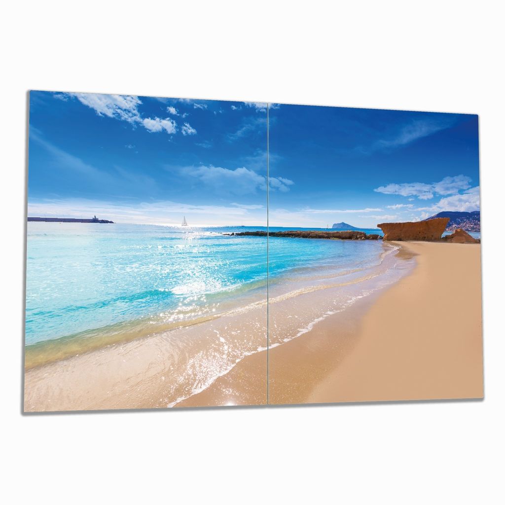 Wallario Herdabdeckplatte aus Glas, Größe 80 x 52 cm 2-teilig, Motiv Traumstrand unter blauem Himmel