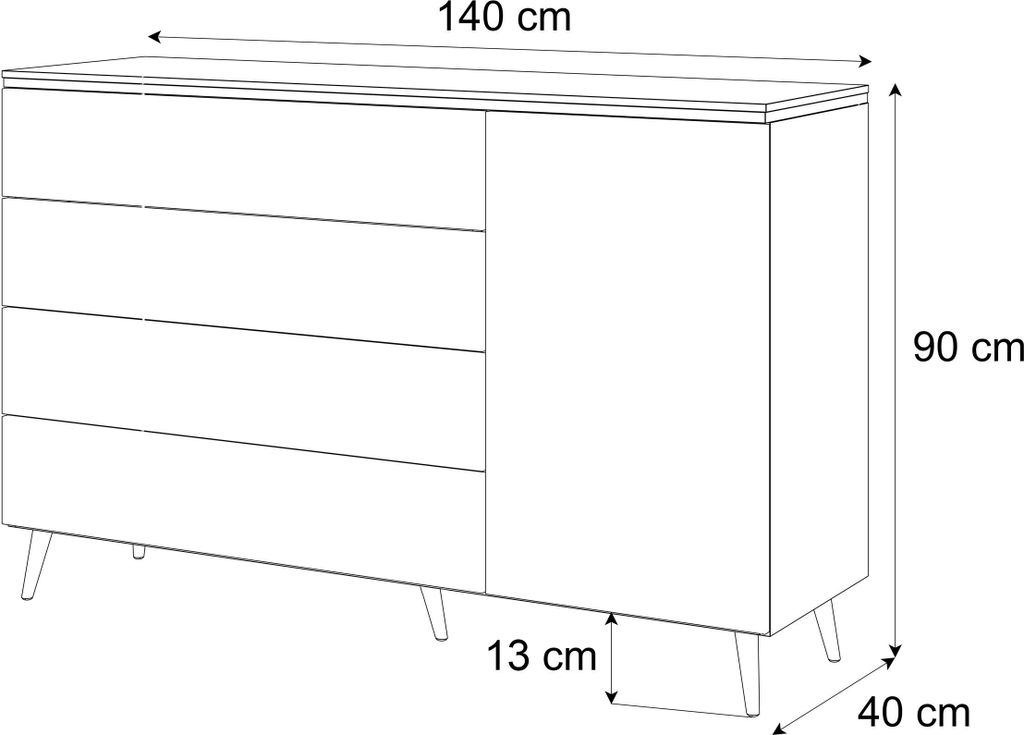 A line drawing of a dresser with dimensions indicated.