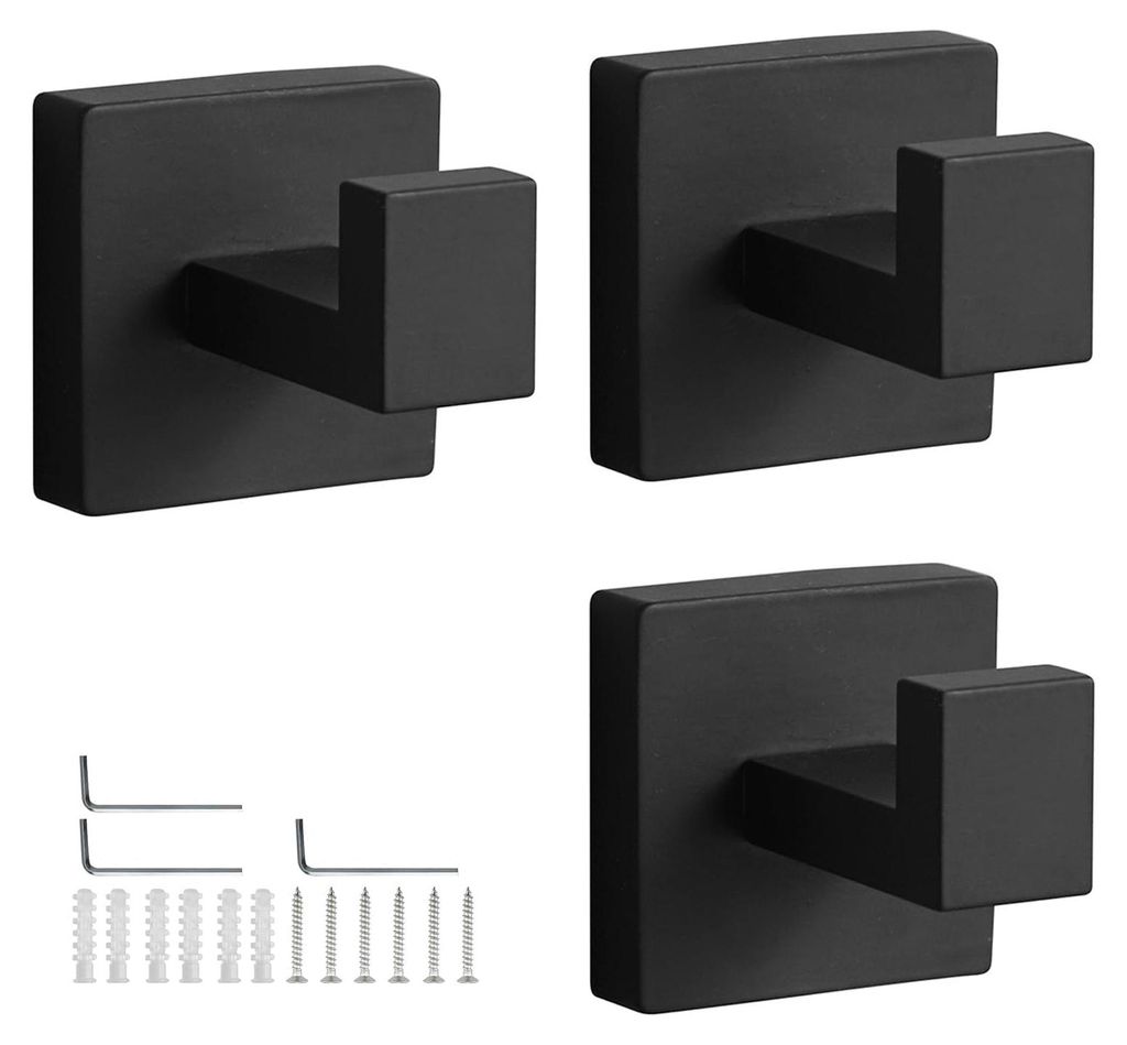 3-teiliges Set zum Anbohren von Handtuchhaken – Wandhaken, schwarz, mit Montagematerial – Badhaken, Handtuchhalterhaken, Handtuchhaken aus Edel...