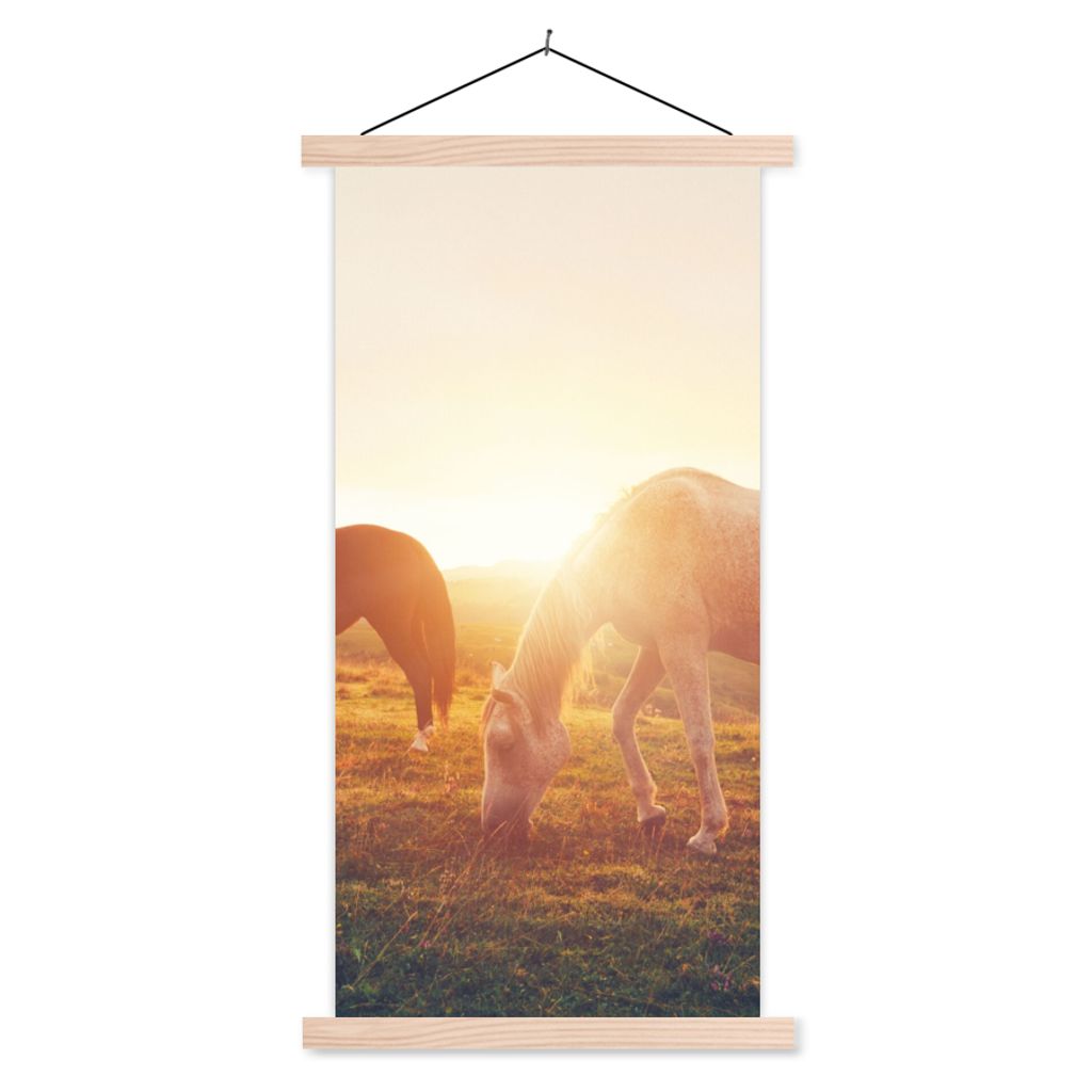 MuchoWow Textilposter Pferde - Sonne - Tiere 60x120 cm mit holzfarbenen Rahmen - Holz
