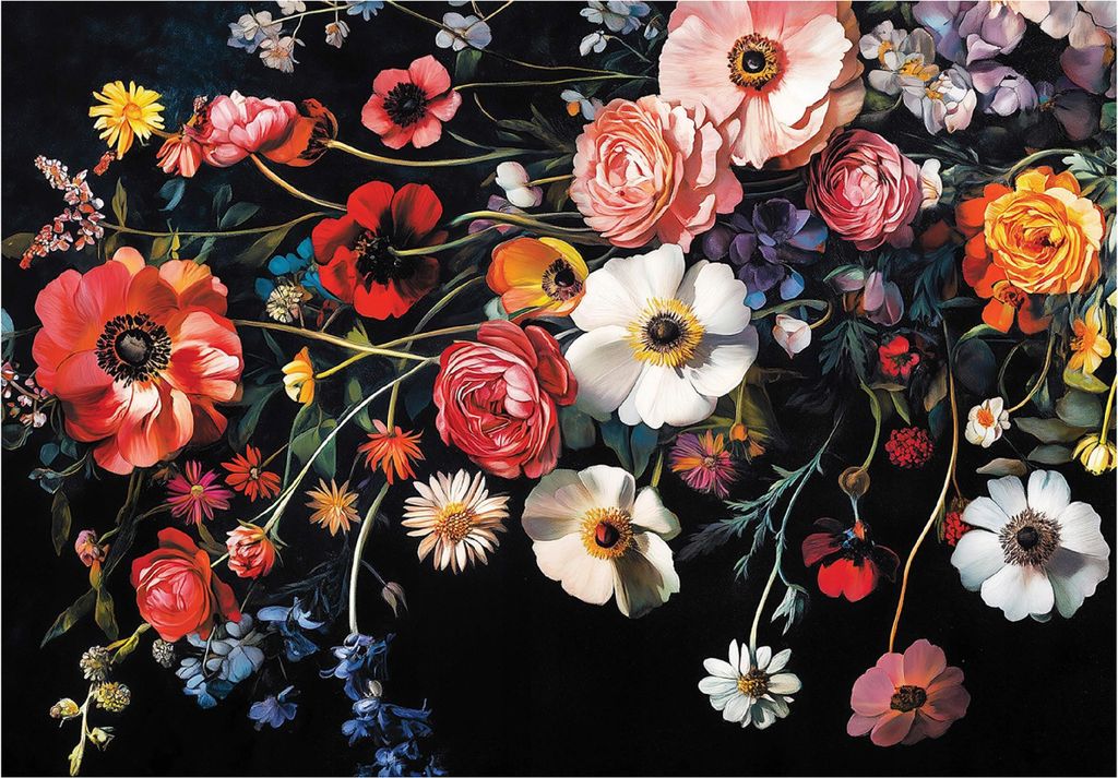 Fototapete Blumen Vintage Schwarz - 350x250 cm - inklusive kleister - Vlies Tapete - Vliestapete Wohnzimmer Schlafzimmer Küche Modern Wandtapete