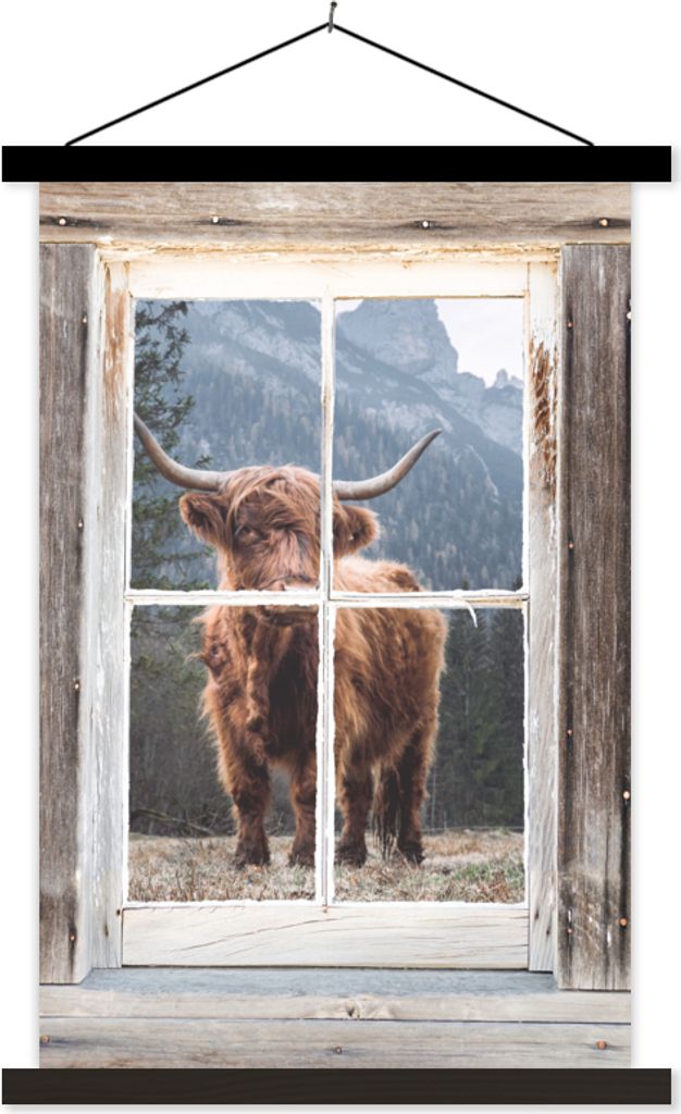 MuchoWow Textilposter Schottisches Hochlandrind - Aussicht - Berg - Bäume 40x60 cm mit schwarzem Rahmen - Wanddekorationen