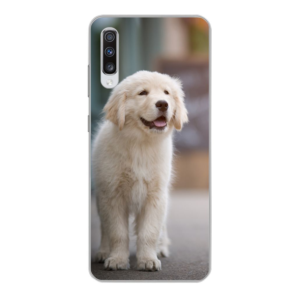 MuchoWow Handyhülle Schutzhülle Hülle für Samsung Galaxy A70 Ein Golden Retriever Welpe läuft auf dem Bürgersteig Silikon Softcase Handy H...