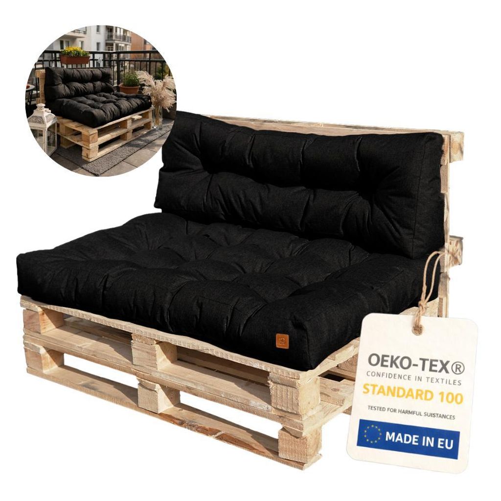 Palettenkissen 120 x 80 2-teiliges Set für Palettenmöbel Wasserdicht Europaletten Polster EU Palettensofa gesteppt komplett schwarz