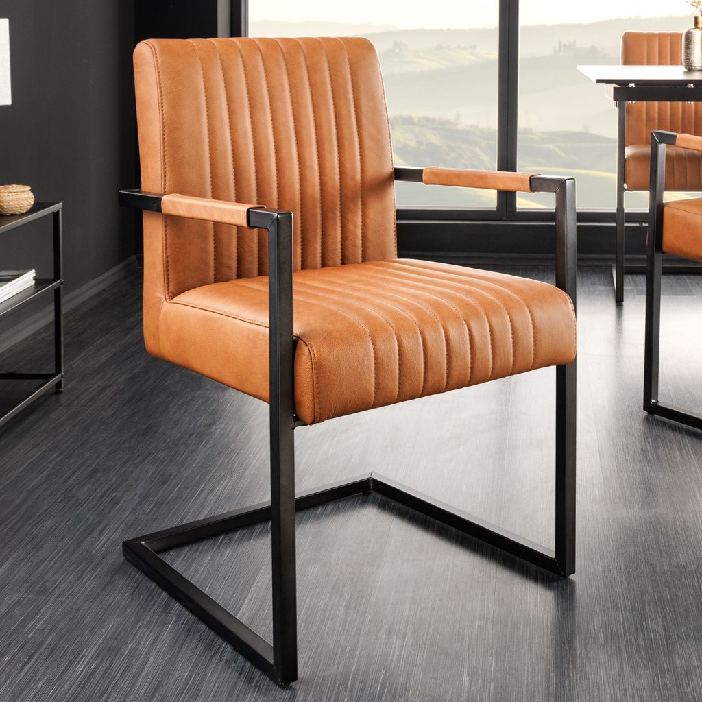riess-ambiente Moderner Freischwinger Stuhl BIG ASTON Echtleder vintage cognac Federkern Metall schwarz Esszimmerstuhl Essstuhl