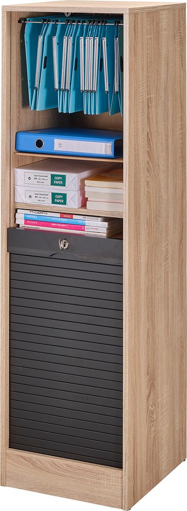 SIMMOB Büroschrank Aktenschrank Hochschrank mit Rollfront abschließbar H140 cm, Farbe:Eiche-Schwarz