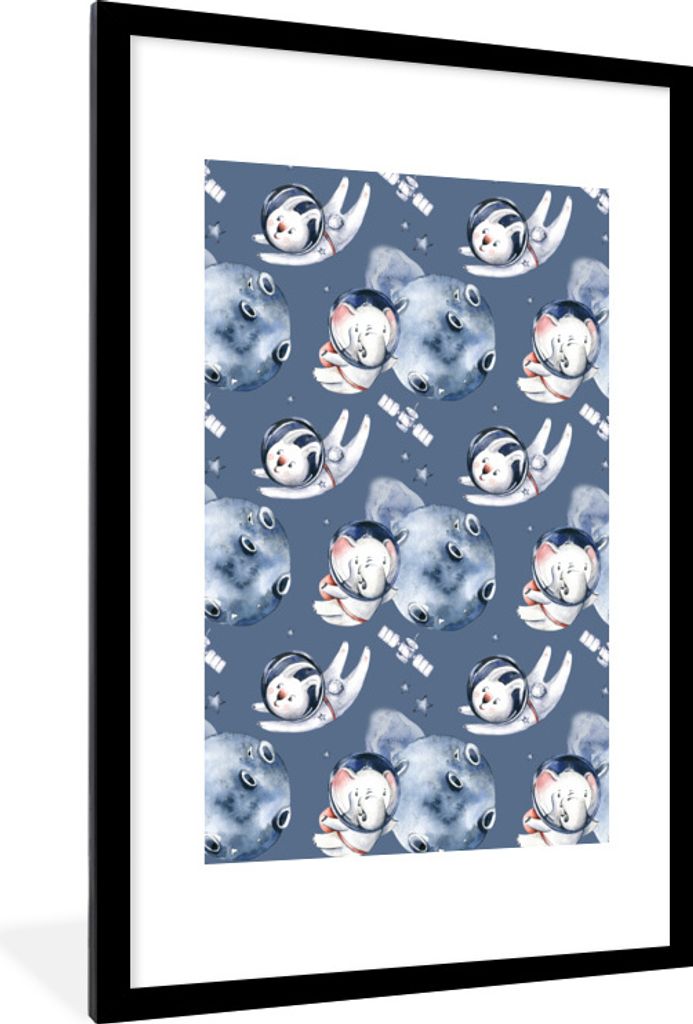 MuchoWow Gerahmtes Poster Tiere - Weltraum - Muster - Jungen - Kinder - Mädchen 60x90 cm - Poster mit Schwarzem Bilderrahmen Wandposter Rahmen F...