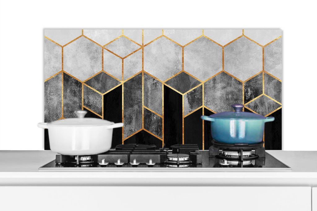 KitchenYeah Spritzschutz Küche - Küchenrückwand - Wandschutz für Herd und Spüle - Gold - Sechseck - Chic - Muster - Luxus 100x50 - Alu-Dibon...