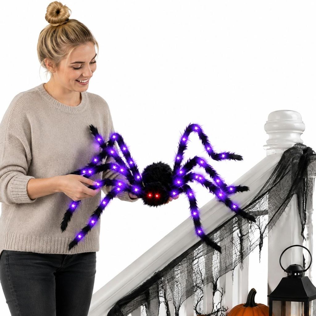 Halloween Deko Riesenspinne XXL 150cm, LED Spinne mit roten Produktbild 