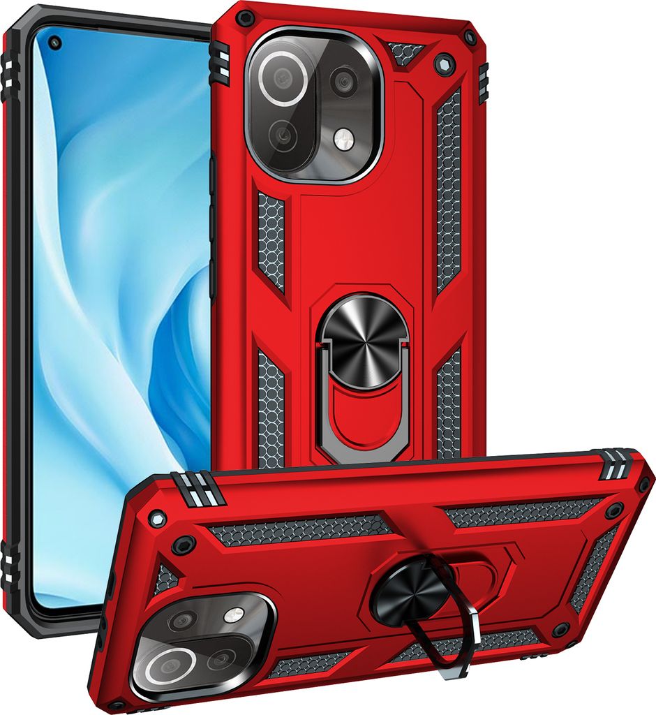 Xiaomi Mi 11 Lite Hülle, Dual Layer Militäre Fallschutz Schutzhülle mit Ringhalterung Ständer für Xiaomi Mi 11 Lite Rot