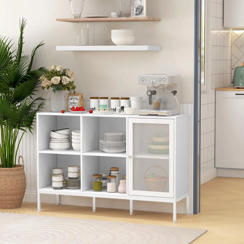 Buffet de cuisine blanc à compartiments ouverts et étagères modulables