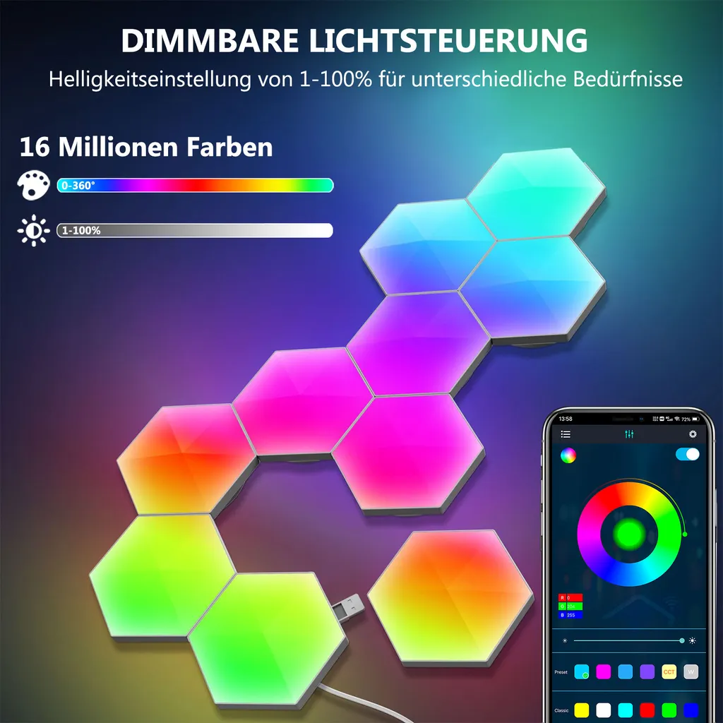 Applique Murale LED Hexagonale Bluetooth RGBIC - Éclairage Déco Tactile - 2