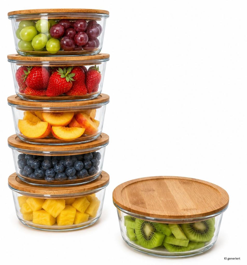 6x Esperanza Vorratsdose rund 900ml Glas & Holzdeckel Produktbild  KI-generiertes Bild