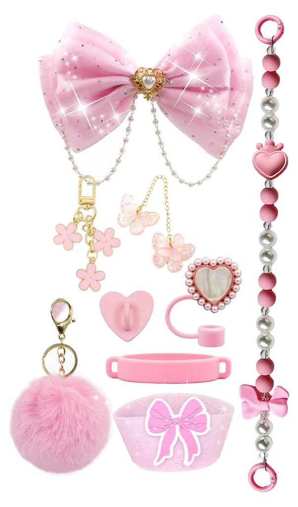 1 Set Becherhülle mit funkelnden Strasssteinen, Schleife, Plüschkugel-Dekor, Kunstperlen, Lanyard und Silikon-Bodenschutz