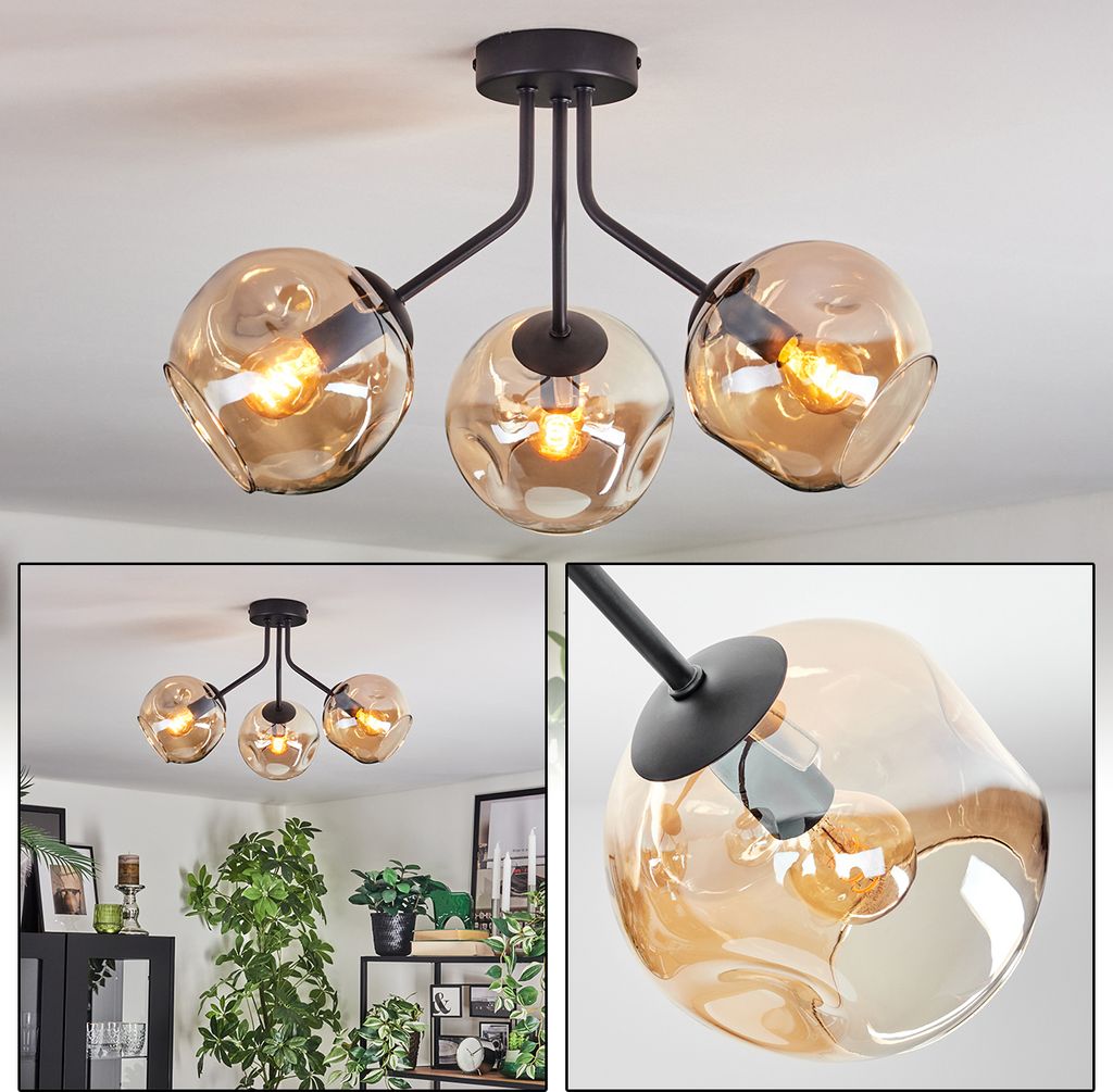 Villamare Deckenlampe aus Metall/Glas in Schwarz/Bernsteinfarben