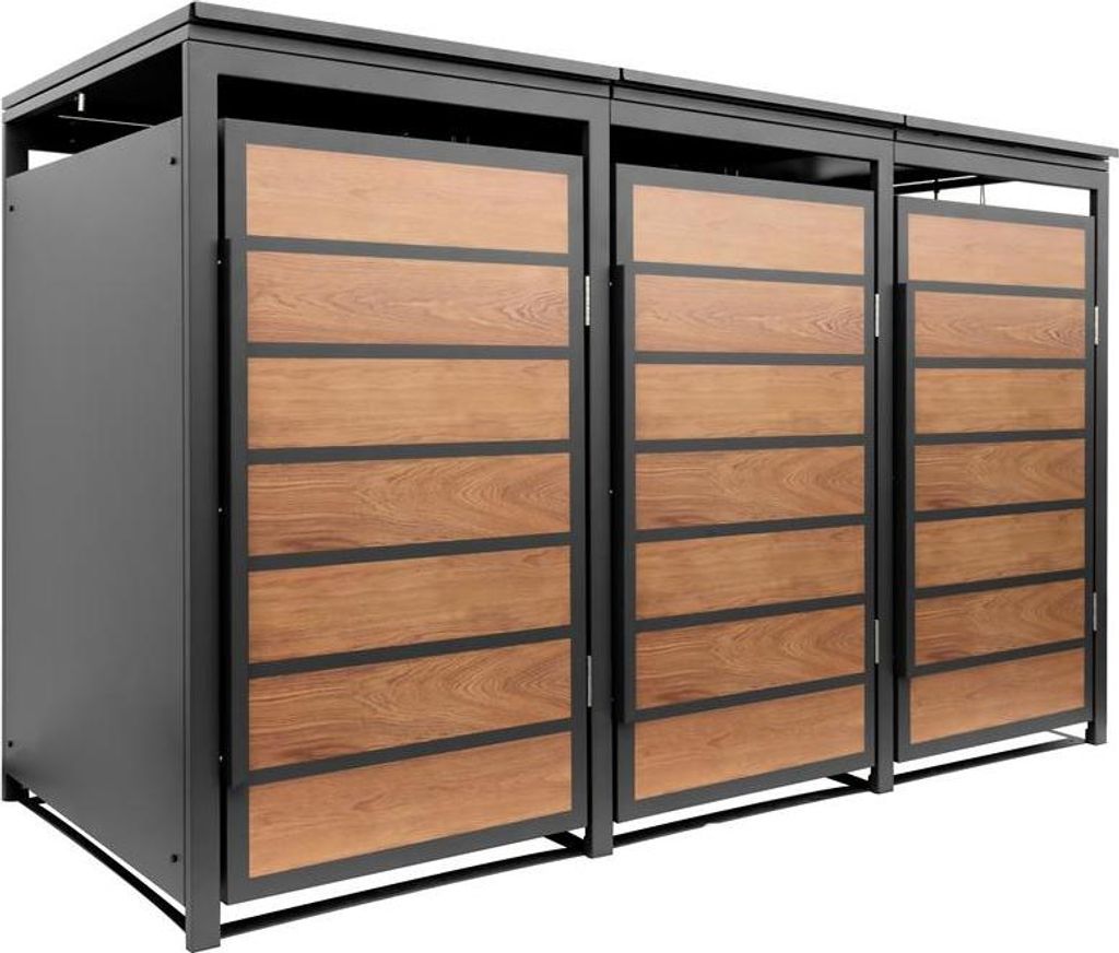 A three-door trash bin enclosure with a metal frame and wood-effect panels.