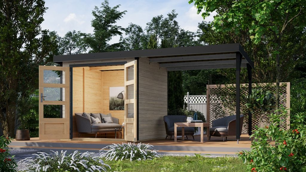 Karibu Gartenhaus Hybridhaus Metall Jupiter 2 im Set mit Anbaudach ca. 2,35 m breit wassergrau 438x213x208,5 cm