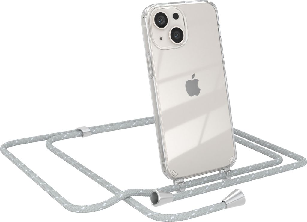 EAZY CASE Handykette kompatibel mit Apple iPhone 13 Mini, Handyhülle mit Umhängeband, Handykordel, Schutzhülle Clear, Band in Grau