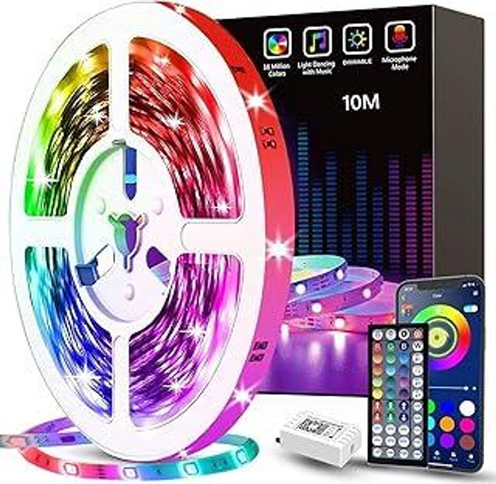 Tenmiro LED Streifen 10m, RGB LED Strip Musik sync Selbstklebend Lichterkette mit Fernbedienung und APP, Dimmbar Farbwechselnd Timer Led Band für ...