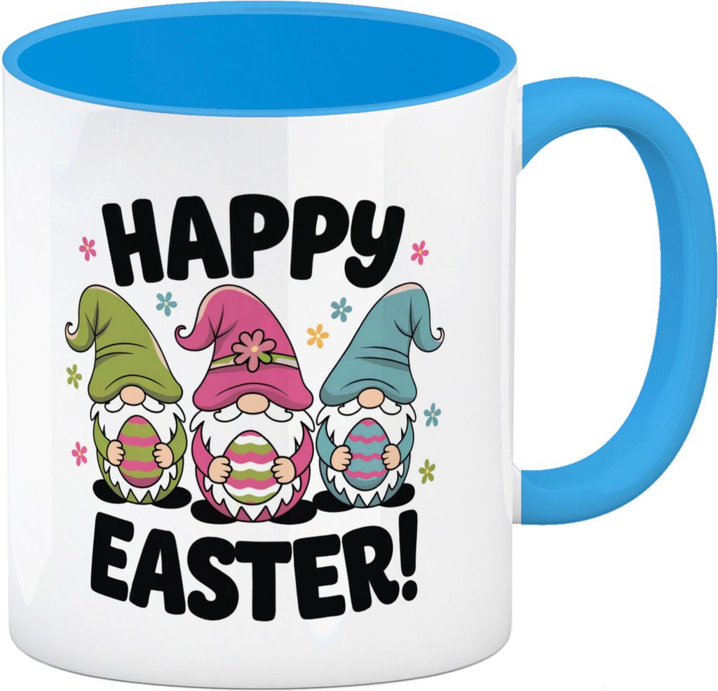 Drei Wichtel mit Ostereiern - Happy Easter Kaffeebecher in hellblau