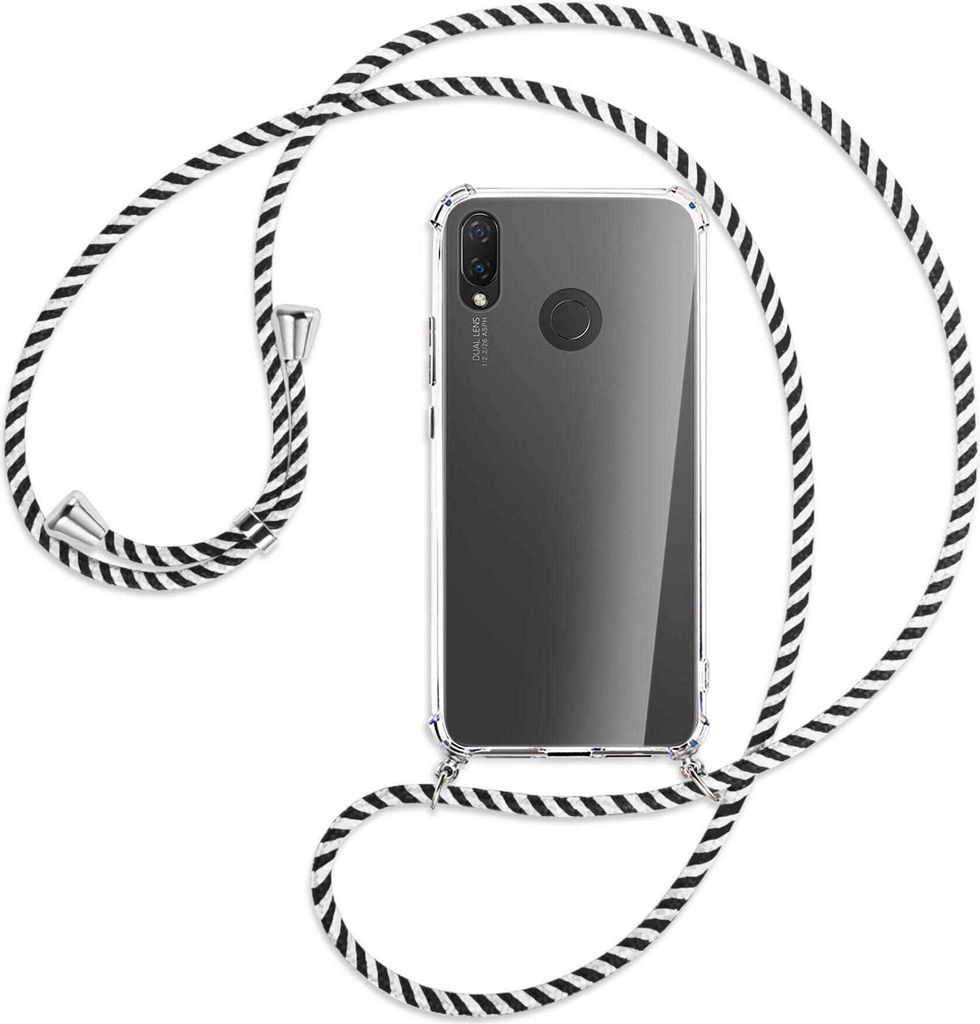 Handykette Backcover-Schutzhülle mit Band (Metall silberfarben) für Huawei P Smart Plus, nova 3 / 3i - schwarz/weiß gestreift