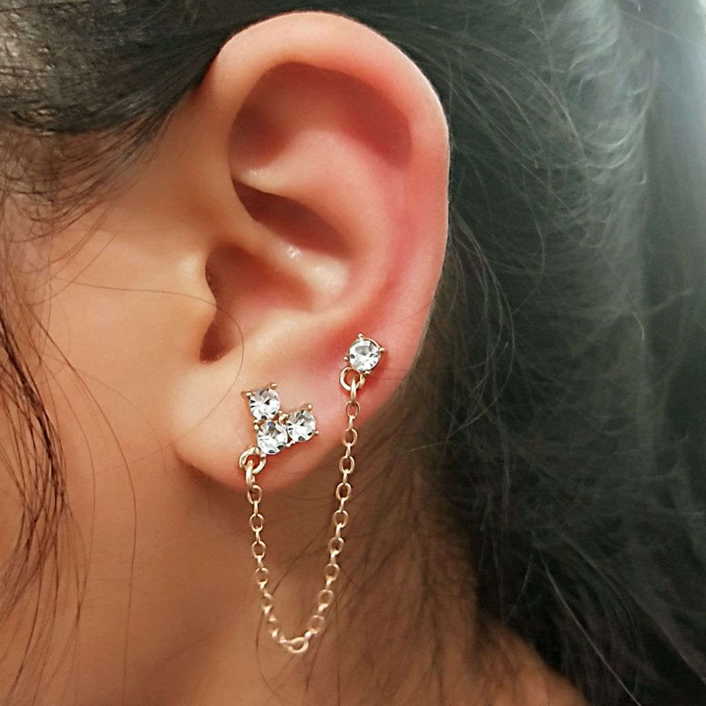 Stück goldfarbene, glänzende Strass-Herz-Doppel-Ohrstecker mit Kette, verbundene Ohrringe