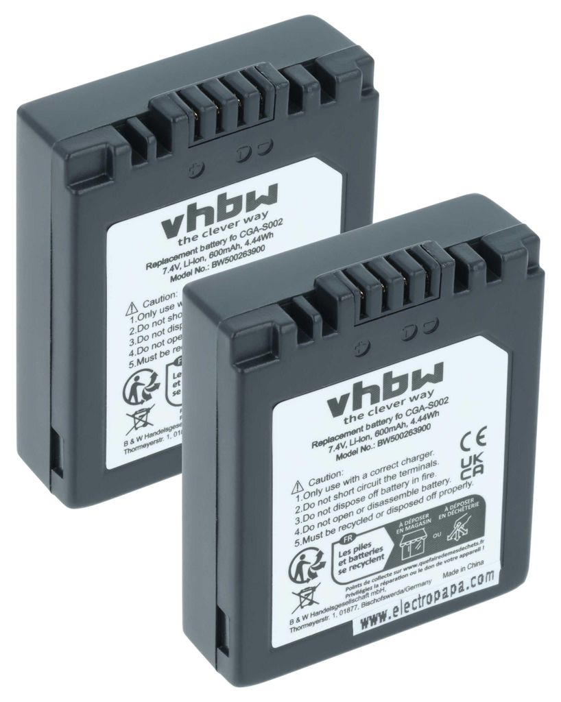 vhbw 2x Akku kompatibel mit Panasonic Lumix DMC-FZ4, DMC-FZ5, DMC-FZ3, DMC-FZ20 Kamera (550 mAh, 7,2 V, Li-Ion)