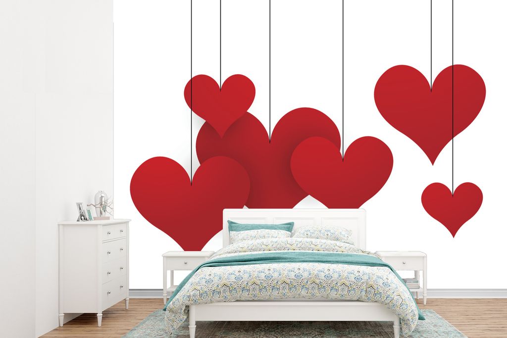 MuchoWow Fototapete für Wohnzimmer oder Schlafzimmer Wandtapete Vinyl Motivtapete Eine Illustration von roten Herzen auf dünnen Linien - 385x28...