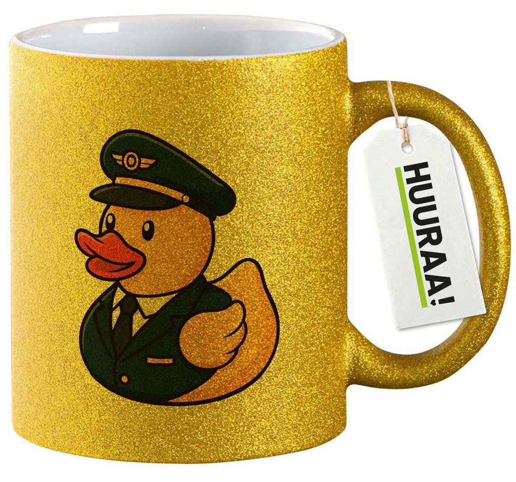 Huuraa Glitzertasse Quietscheente Pilot Gummiente Flugkapitän 330ml Gold Keramik Kaffeebecher Geschenkidee