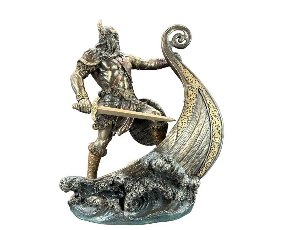 Figurine Viking sur Drakkar en Bronze WU77655A4 Peinte à la Main 25cm