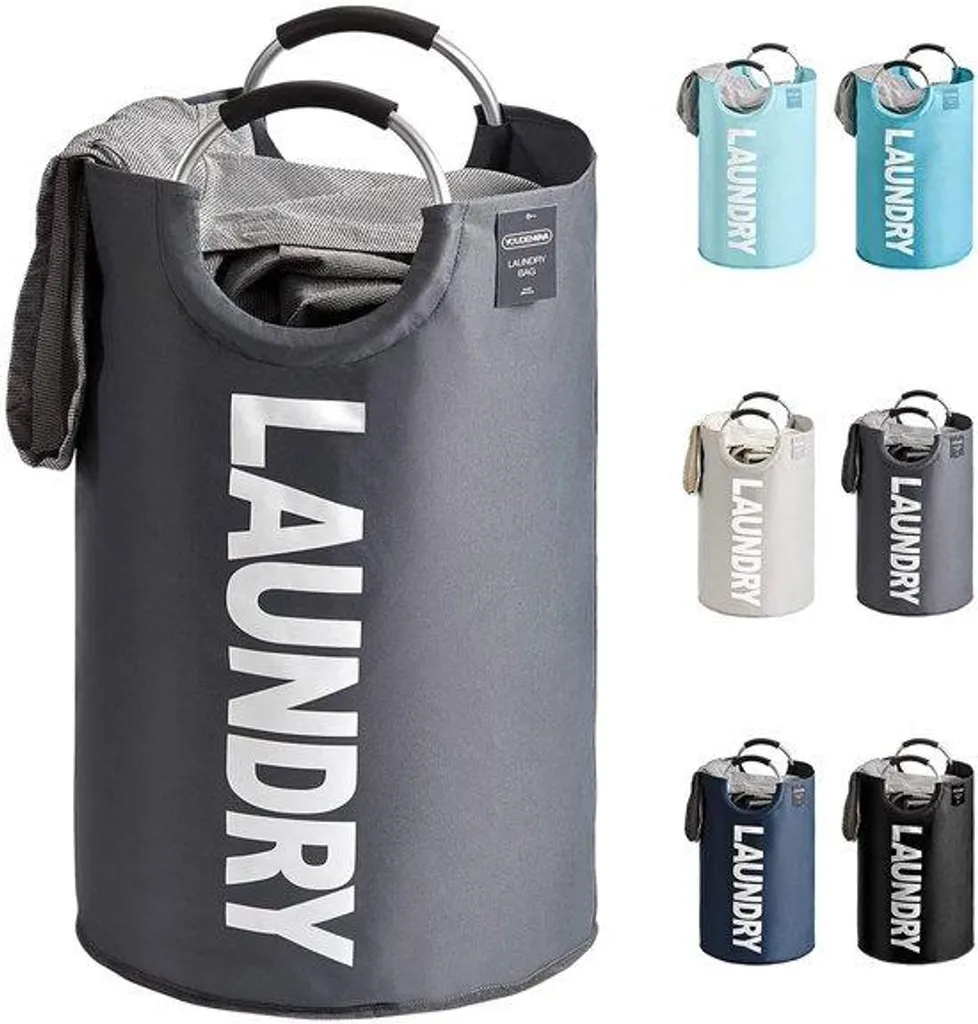 Grand panier à linge gris 92 Litres pliable avec poignées de transport