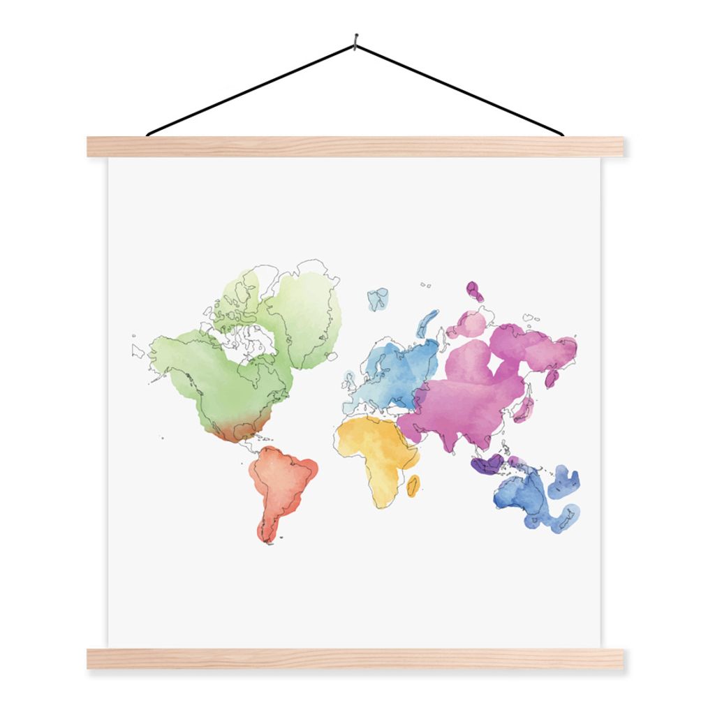 MuchoWow Textilposter Weltkarte - Wasserfarben 40x40 cm mit holzfarbenen Rahmen - Posterleiste