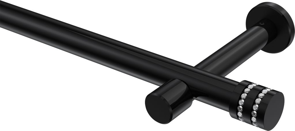 Interdeco Gardinenstange / Vorhangstange Schwarz, Typ Prestige Estana (Glitzerkappe) ohne Ringe, 20 mm Ø 1-läufig, 220 cm