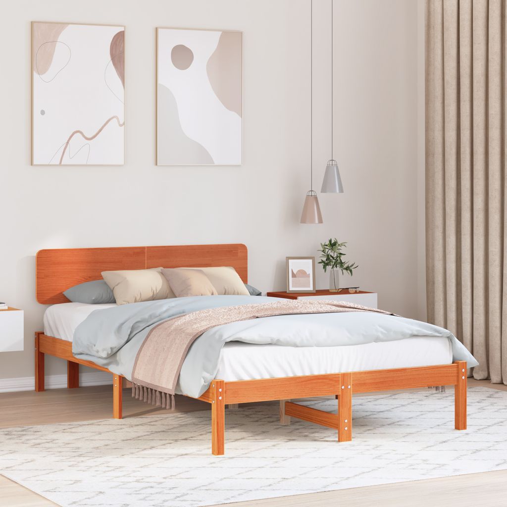 Desgin Bettgestell mit Kopfteil Wachs Braun 120x200 cm Massivholz Kiefer - Klassische Betten 872109