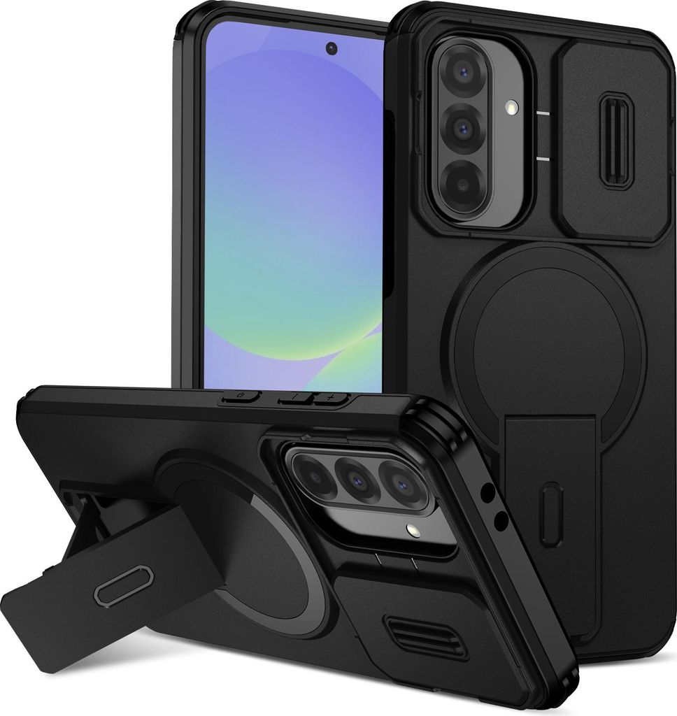 Three views of a black phone case with a kickstand and camera cover.