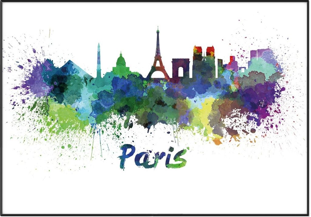 Wallario Wandbild Städte als Aquarell - Skyline von Paris, Größe: 70,30 x 100,30 cm, Poster mit schwarzem Aluminiumrahmen