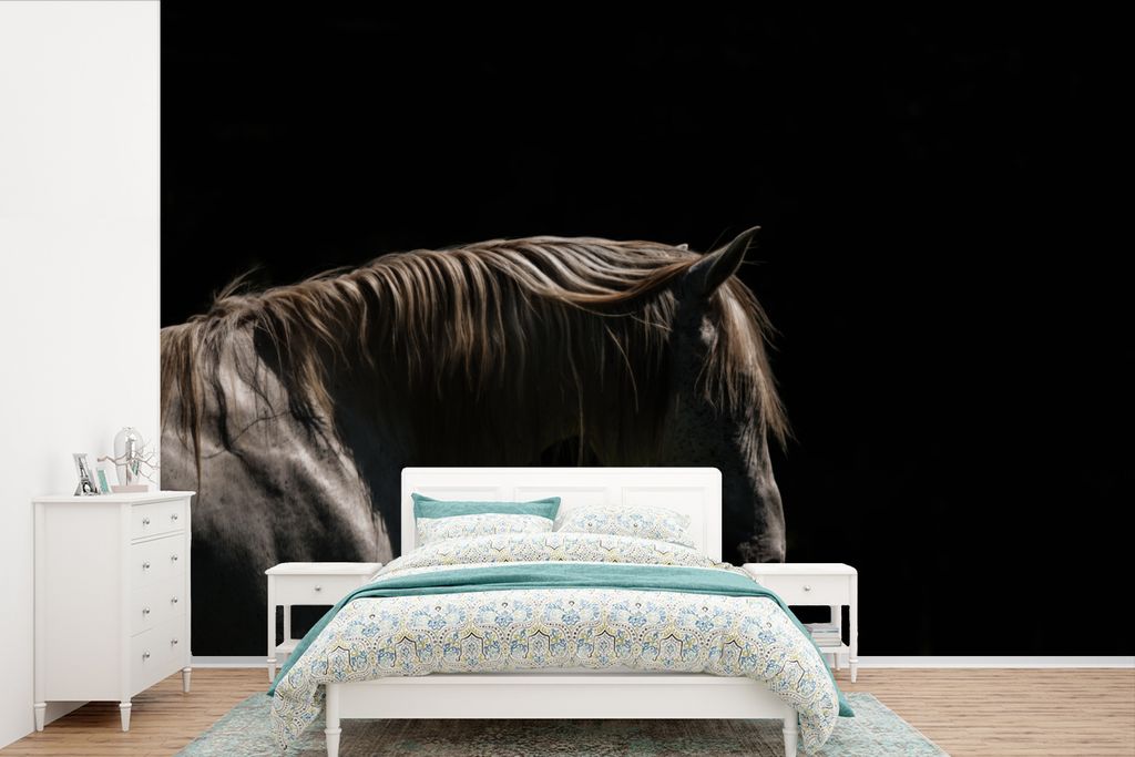 MuchoWow Fototapete für Wohnzimmer oder Schlafzimmer Wandtapete Vinyl Motivtapete Pferd - Tiere - Weiß - 600x400 cm - Vinyltapeten