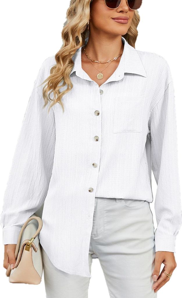 ASKSA Hemdbluse Damen Langarm Blusenshirt Elegant Loose Casual Oversize Laessige Hemden Einfarbig Musselin Bluse Tops mit Tasche (Weiss,L)